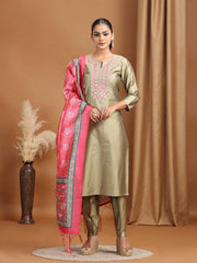 Pastel Green Floral Embroidered Straight Ethnic Set