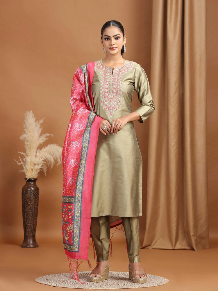 Pastel Green Floral Embroidered Straight Ethnic Set