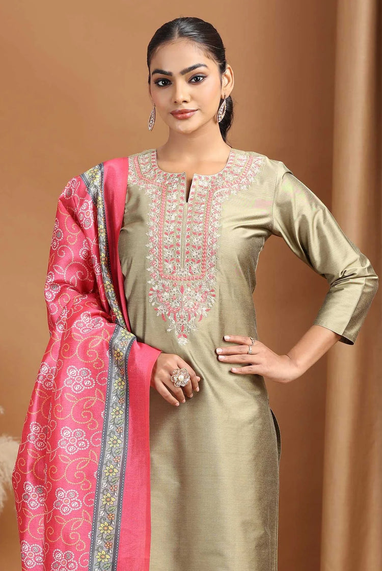 Pastel Green Floral Embroidered Straight Ethnic Set