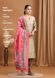 Pastel Green Floral Embroidered Straight Ethnic Set