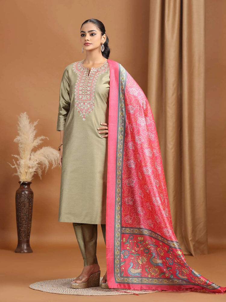 Pastel Green Floral Embroidered Straight Ethnic Set