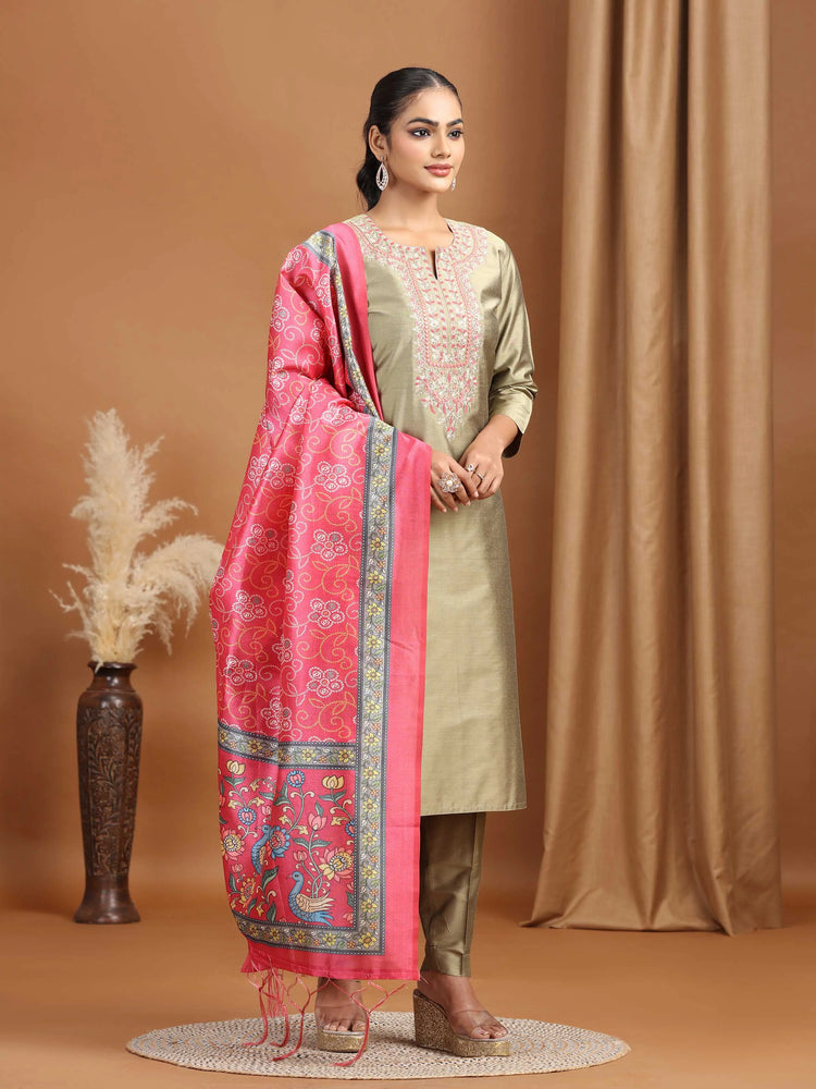 Pastel Green Floral Embroidered Straight Ethnic Set