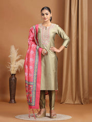 Pastel Green Floral Embroidered Straight Ethnic Set
