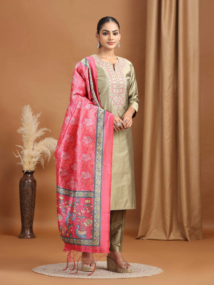 Pastel Green Floral Embroidered Straight Ethnic Set