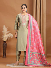 Pastel Green Floral Embroidered Straight Ethnic Set