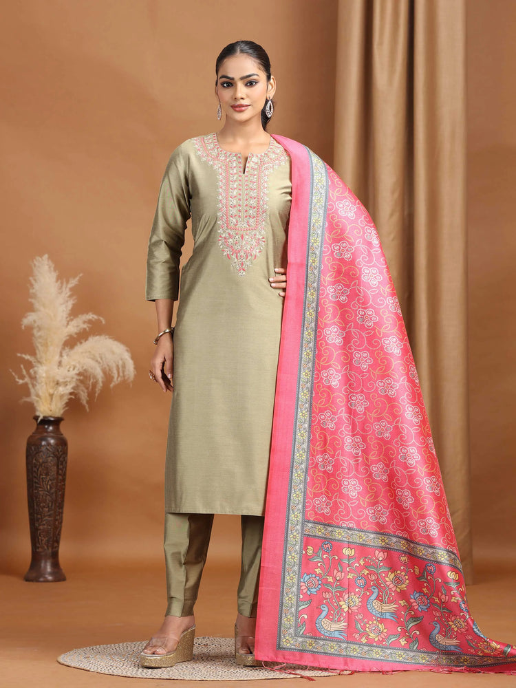 Pastel Green Floral Embroidered Straight Ethnic Set