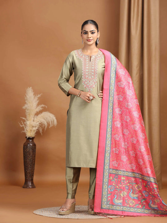 Pastel Green Floral Embroidered Straight Ethnic Set