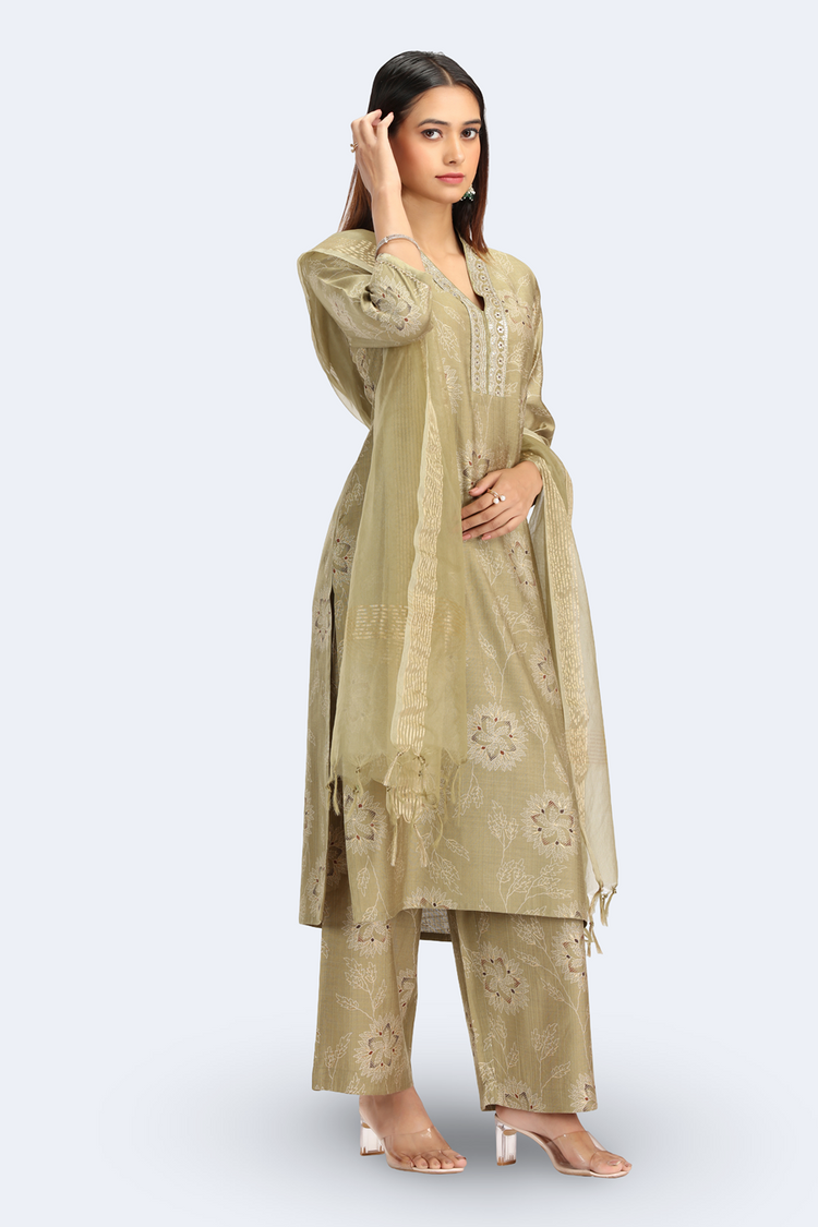 Pastel Pistachio Viscose Embroidered Straight Kurta Pant and Dupatta Suit Set