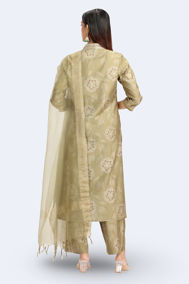 Pastel Pistachio Viscose Embroidered Straight Kurta Pant and Dupatta Suit Set