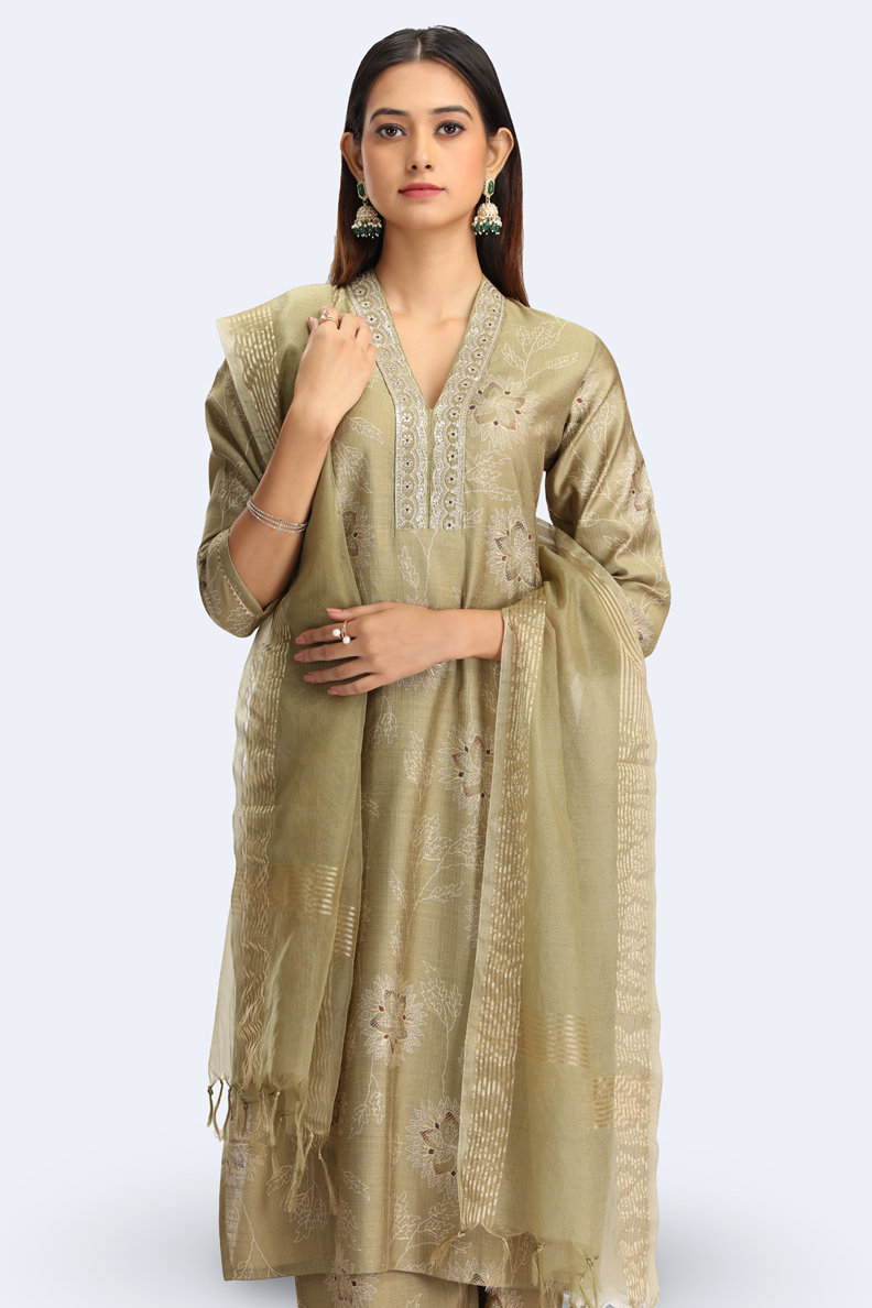 Pastel Pistachio Viscose Embroidered Straight Kurta Pant and Dupatta Suit Set