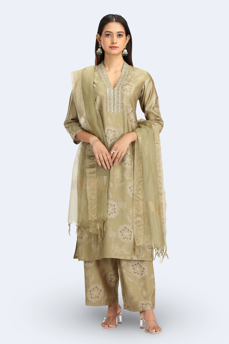 Pastel Pistachio Viscose Embroidered Straight Kurta Pant and Dupatta Suit Set