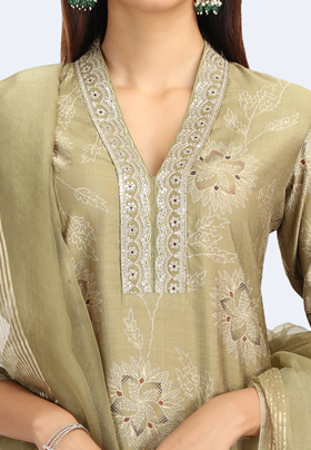 Pastel Pistachio Viscose Embroidered Straight Kurta Pant and Dupatta Suit Set