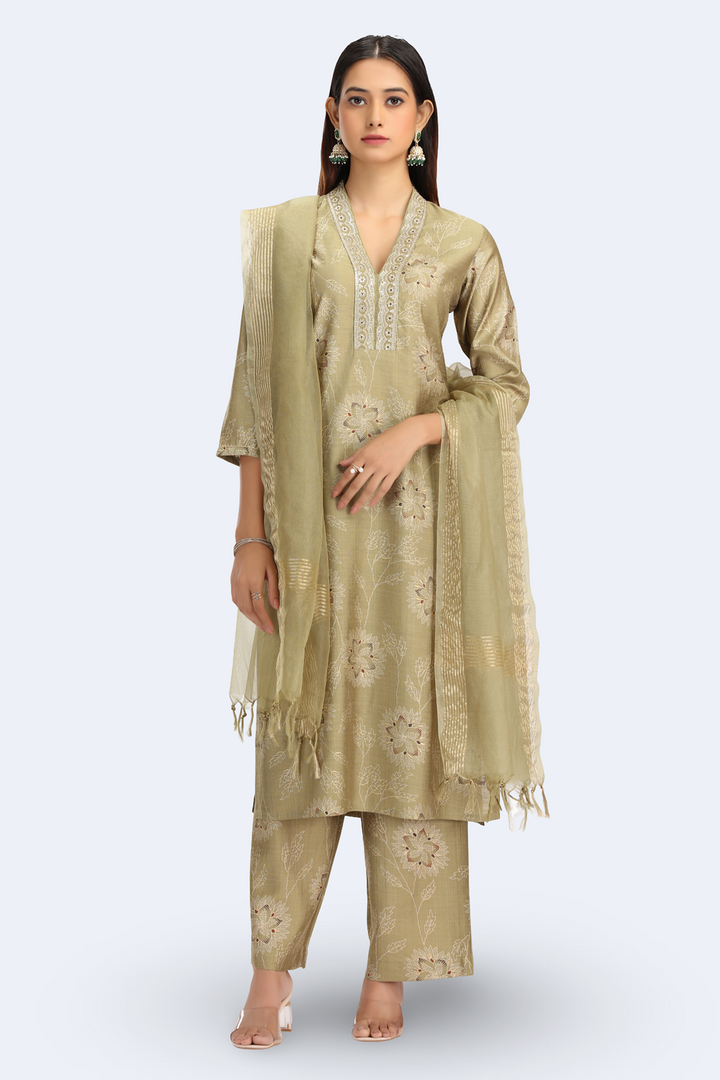 Pastel Pistachio Viscose Embroidered Straight Kurta Pant and Dupatta Suit Set