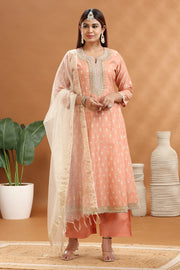 Pastel Peach Chanderi A Line Embroidered Kurta Palazzo and Dupatta Set for women and girls