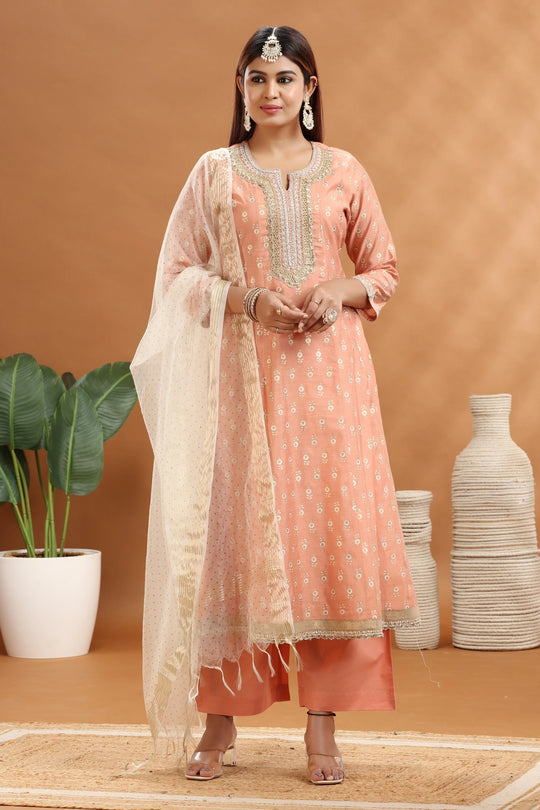 Pastel Peach Chanderi A Line Embroidered Kurta Palazzo and Dupatta Set for women and girls