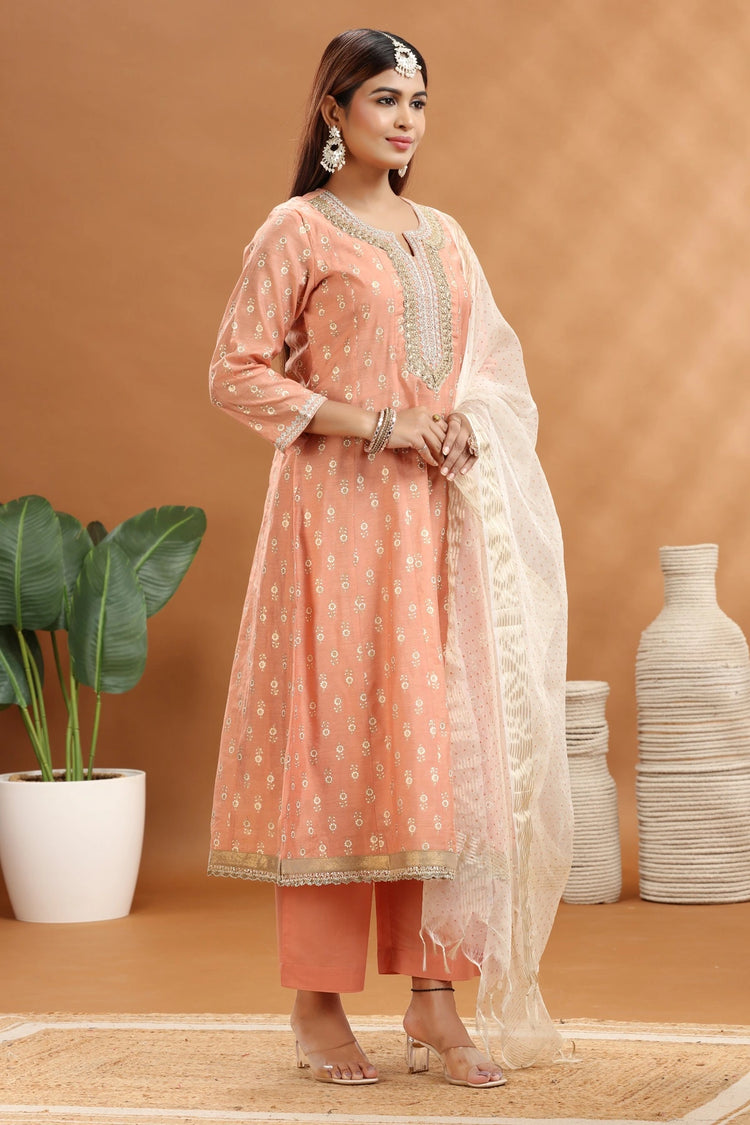 Pastel Peach Chanderi A Line Embroidered Kurta Palazzo and Dupatta Set for women and girls