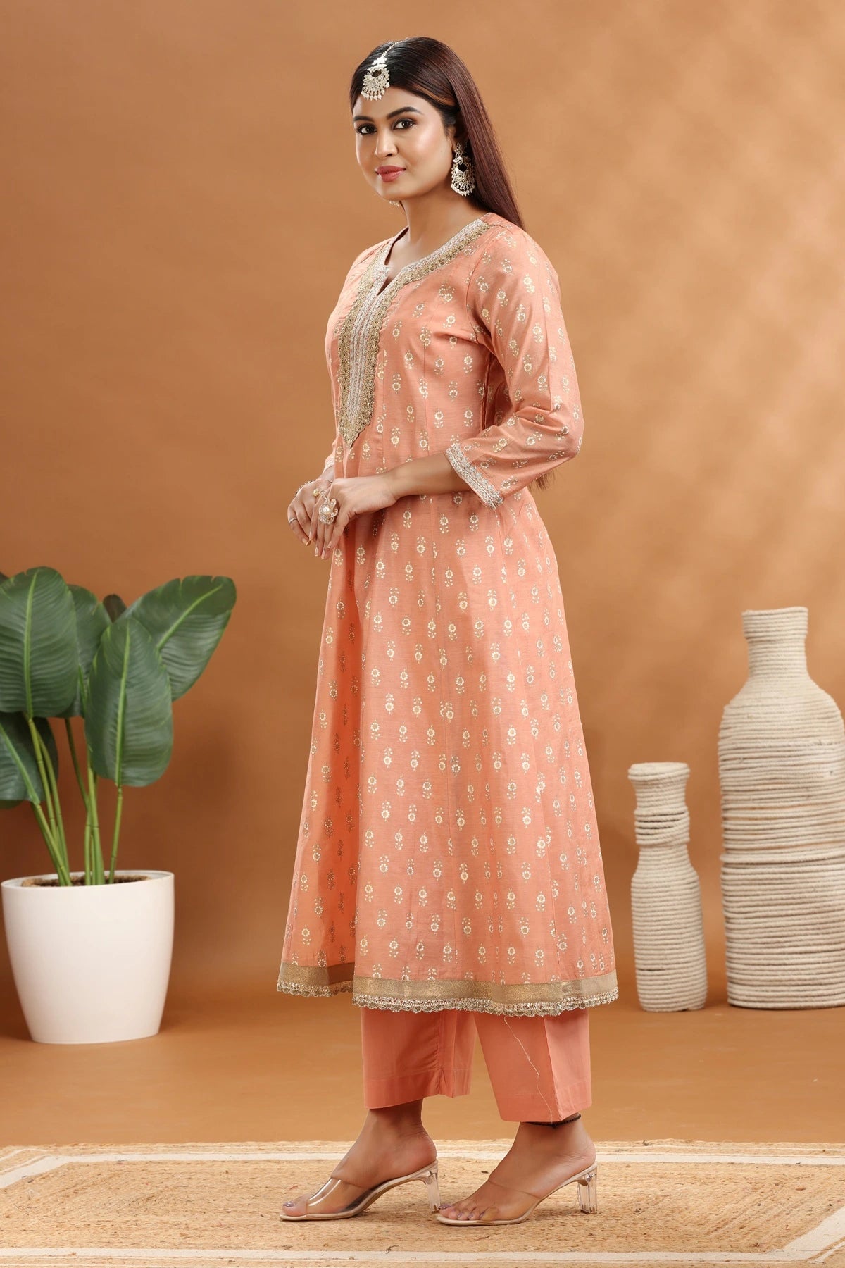 Pastel Peach Chanderi A Line Embroidered Kurta Palazzo and Dupatta Set for women and girls
