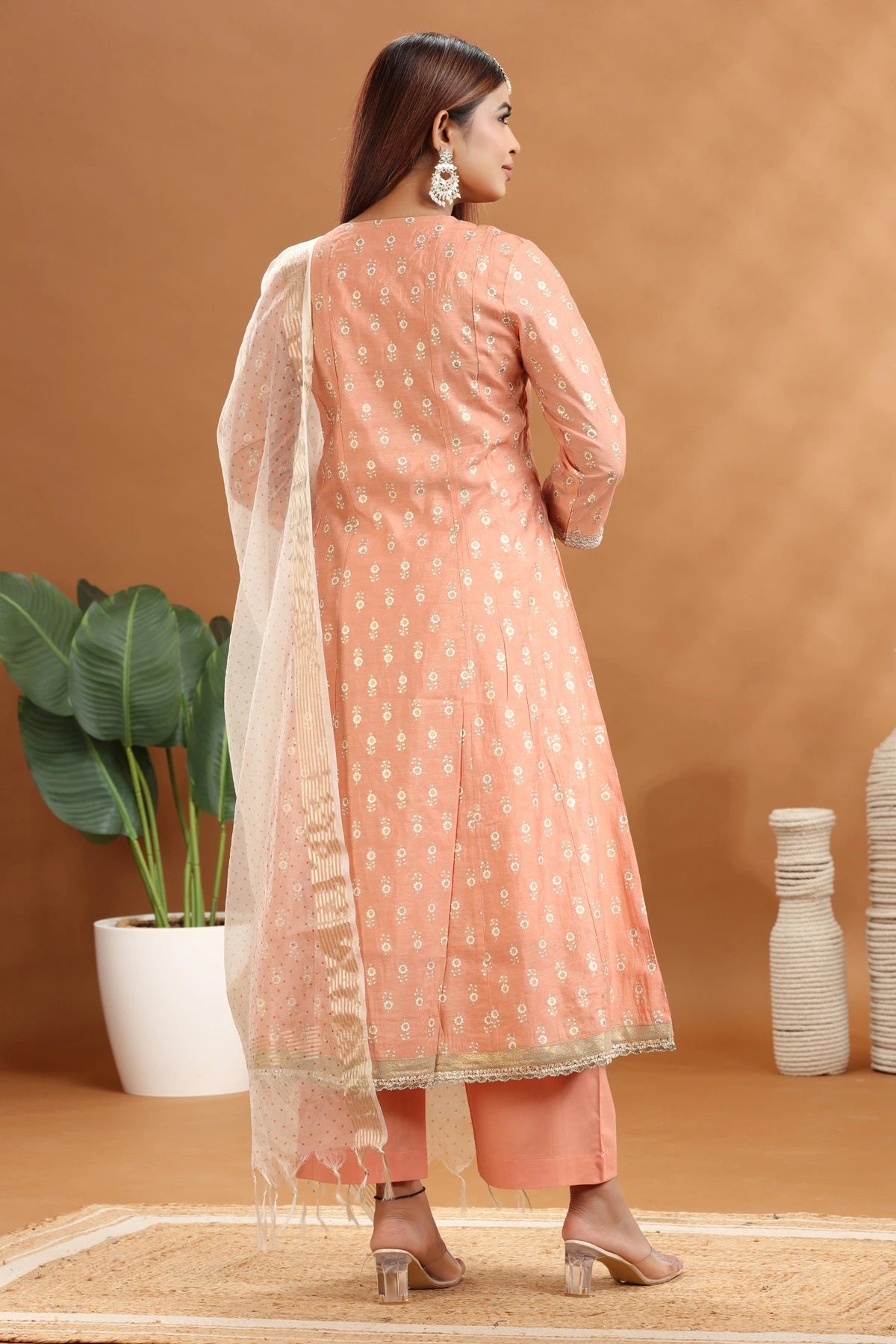 Pastel Peach Chanderi A Line Embroidered Kurta Palazzo and Dupatta Set for women and girls