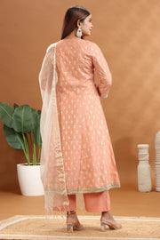 Pastel Peach Chanderi A Line Embroidered Kurta Palazzo and Dupatta Set for women and girls