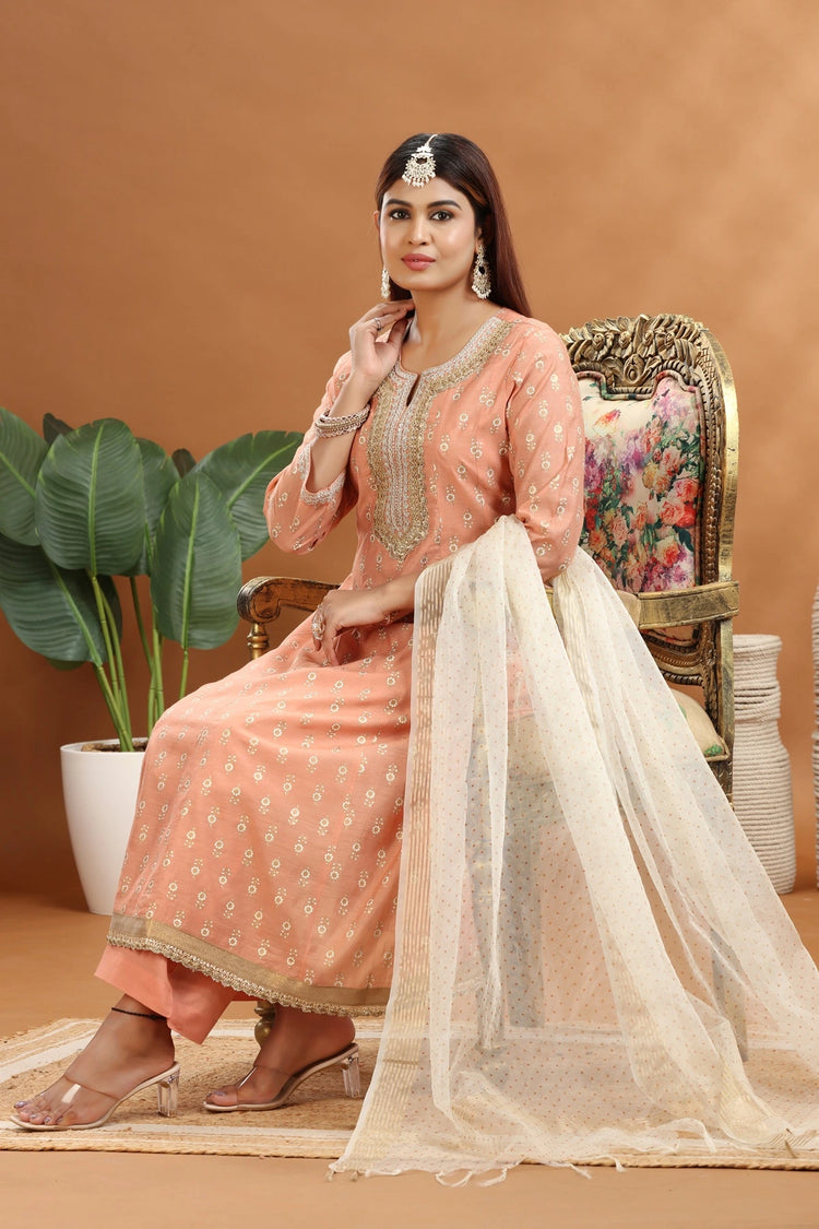 Pastel Peach Chanderi A Line Embroidered Kurta Palazzo and Dupatta Set for women and girls