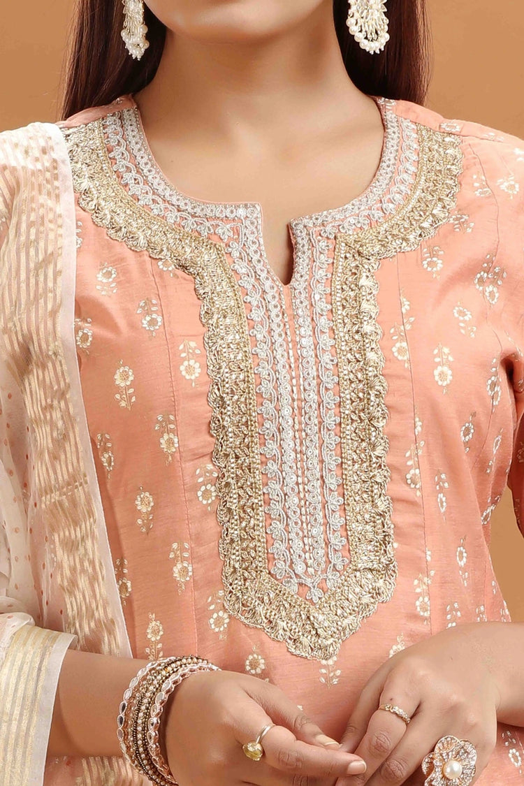 Pastel Peach Chanderi A Line Embroidered Kurta Palazzo and Dupatta Set for women and girls