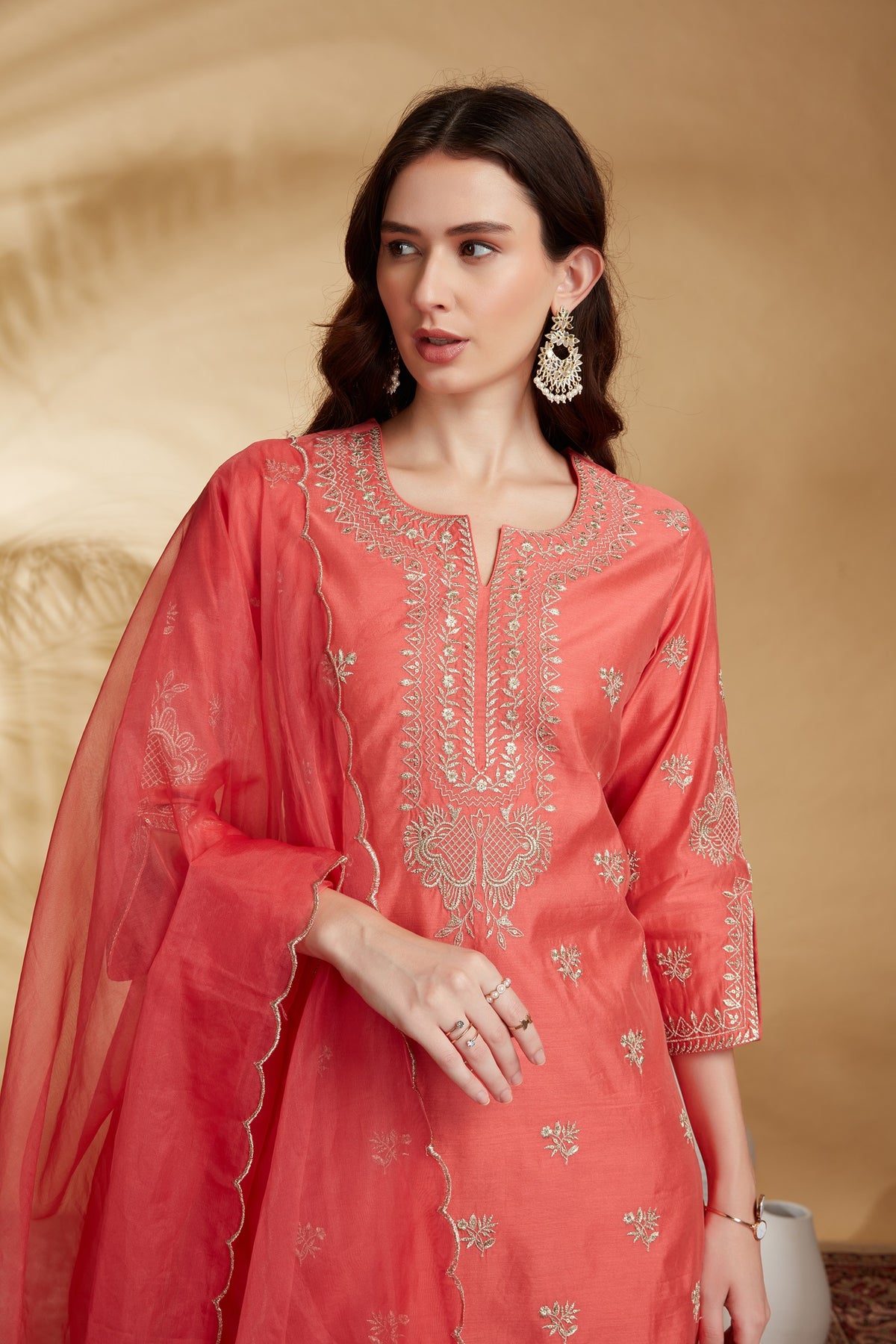 Peach Chanderi Embroidered Straight Kurta Pant and Dupatta Suit Set
