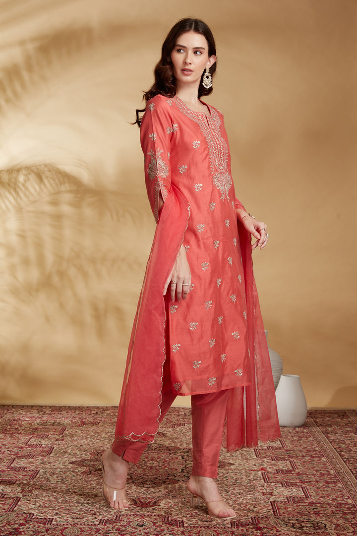 Peach Chanderi Embroidered Straight Kurta Pant and Dupatta Suit Set