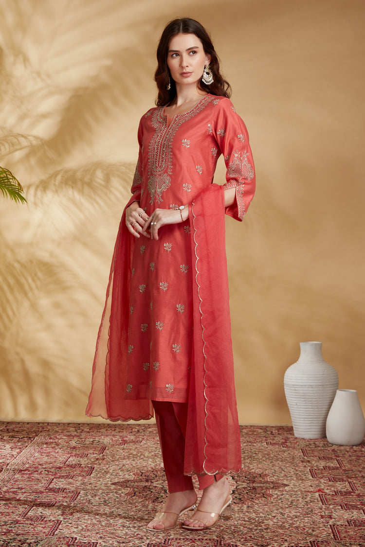 Peach Chanderi Embroidered Straight Kurta Pant and Dupatta Suit Set