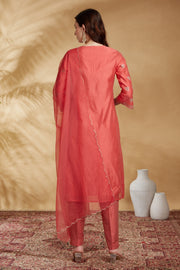 Peach Chanderi Embroidered Straight Kurta Pant and Dupatta Suit Set
