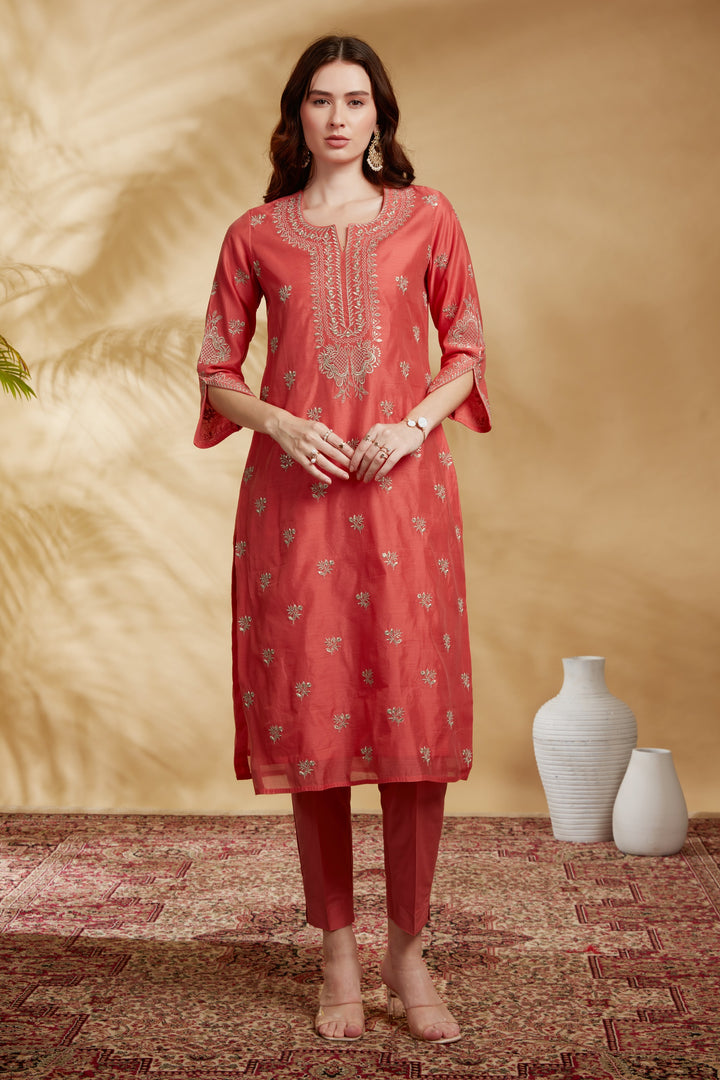 Peach Chanderi Embroidered Straight Kurta Pant and Dupatta Suit Set