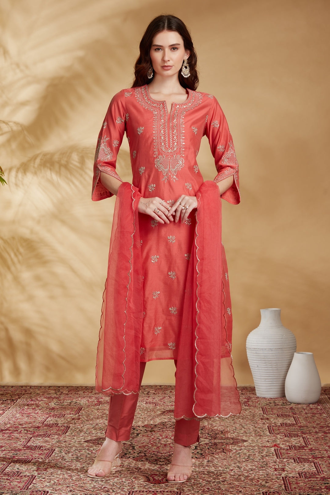 Peach Chanderi Embroidered Straight Kurta Pant and Dupatta Suit Set