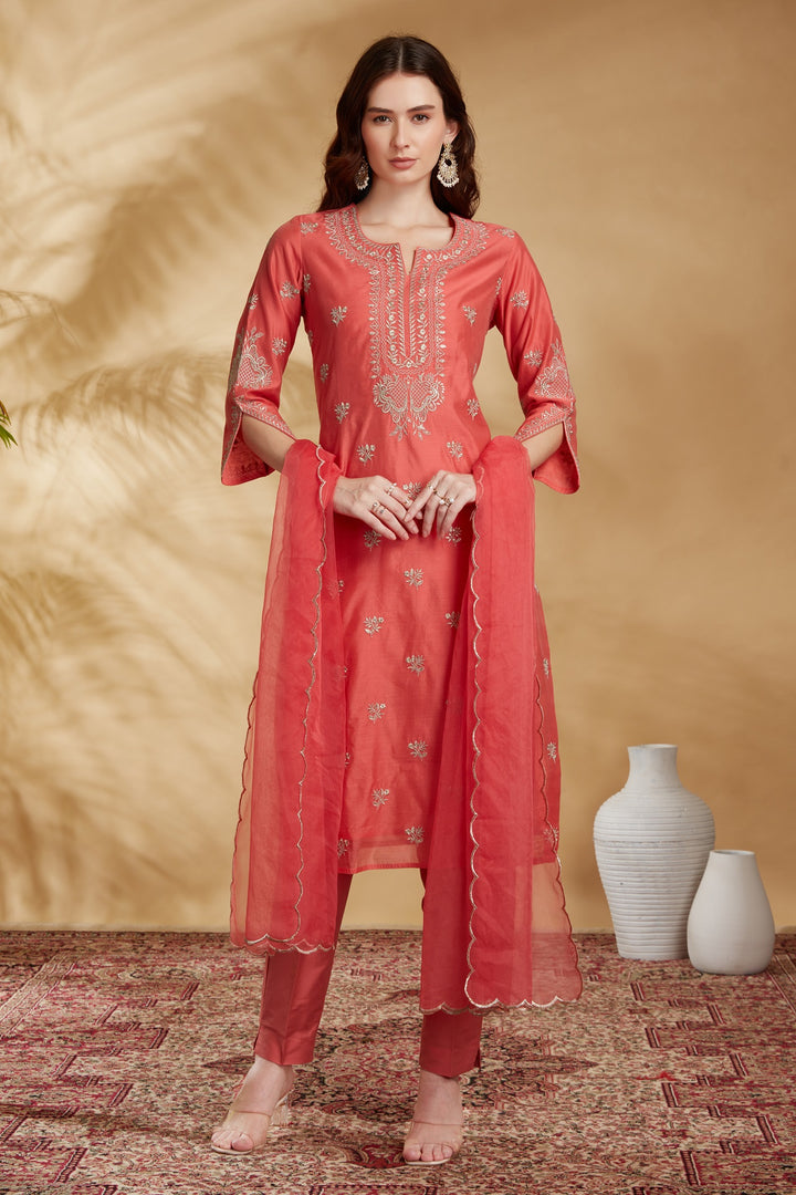 Peach Chanderi Embroidered Straight Kurta Pant and Dupatta Suit Set