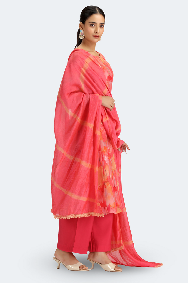 Peach Chinnon Floral Printed Straight Kurta Pant and Dupatta Suit Set