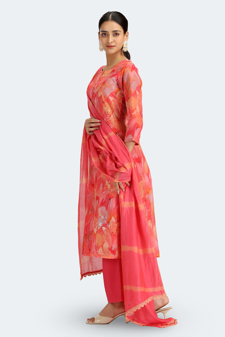 Peach Chinnon Floral Printed Straight Kurta Pant and Dupatta Suit Set