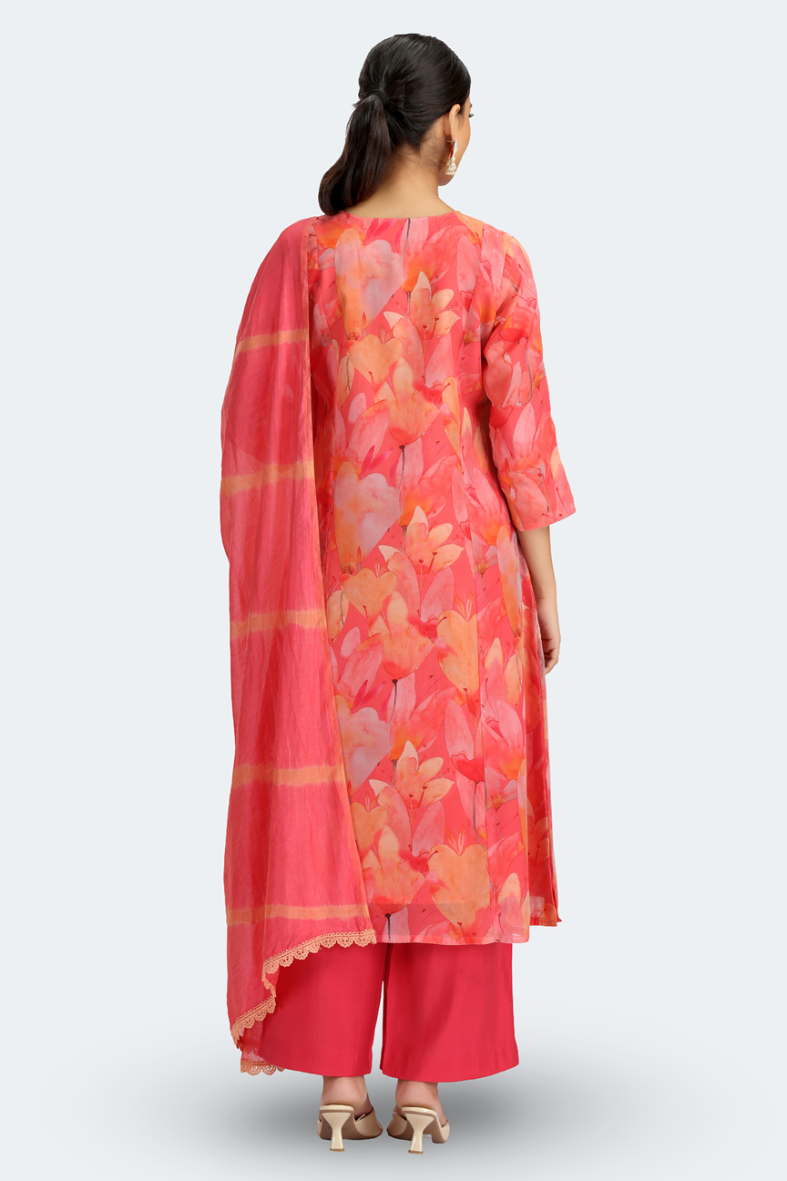 Peach Chinnon Floral Printed Straight Kurta Pant and Dupatta Suit Set