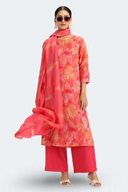 Peach Chinnon Floral Printed Straight Kurta Pant and Dupatta Suit Set