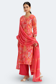 Peach Chinnon Floral Printed Straight Kurta Pant and Dupatta Suit Set