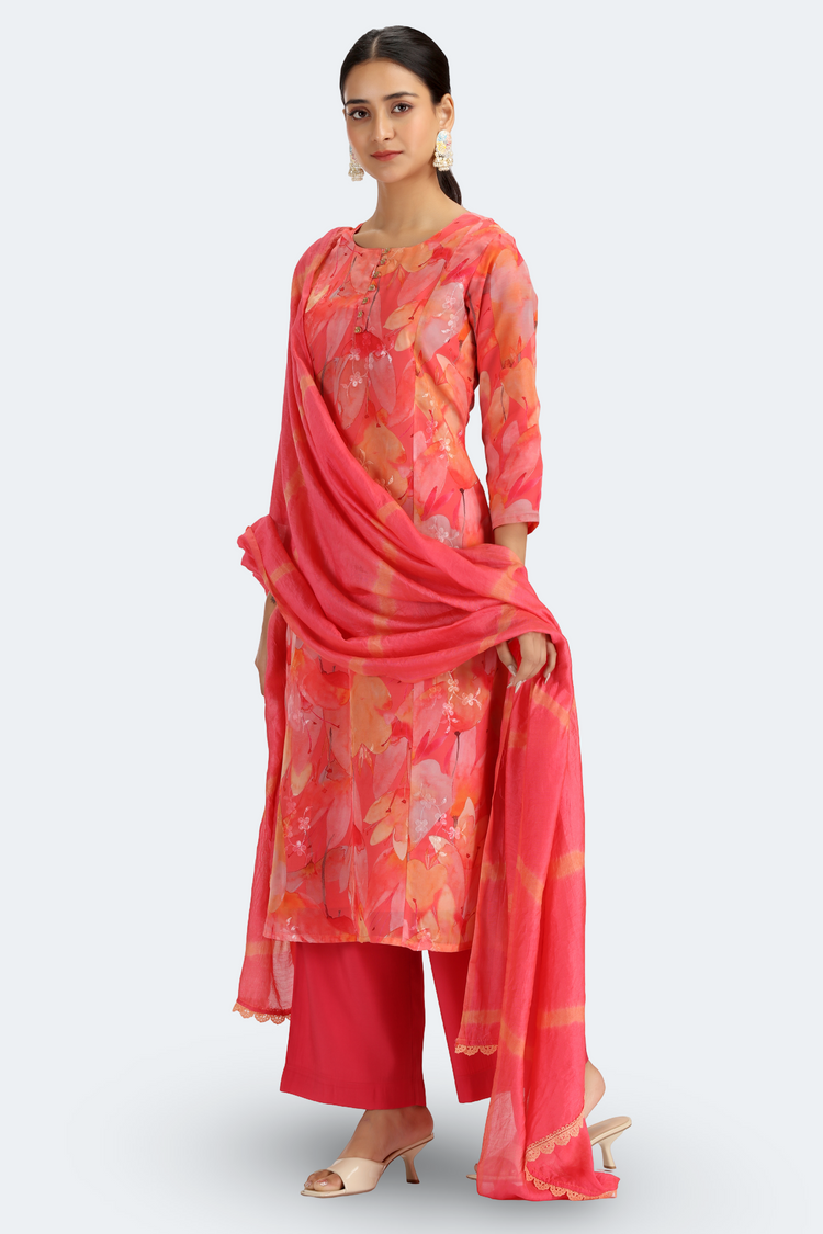 Peach Chinnon Floral Printed Straight Kurta Pant and Dupatta Suit Set