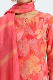 Peach Chinnon Floral Printed Straight Kurta Pant and Dupatta Suit Set