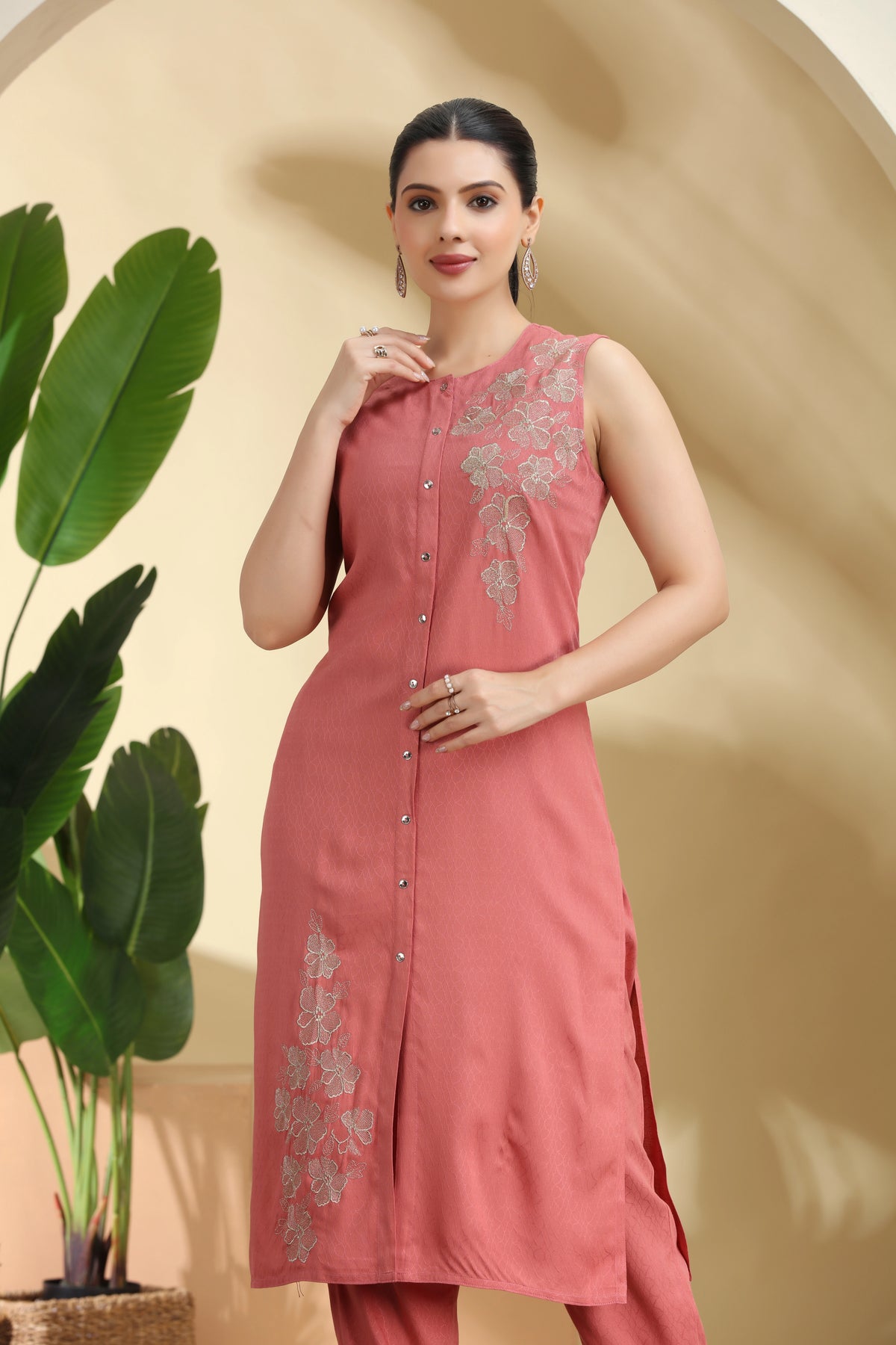 Peach Embroidered Straight Co ord Set