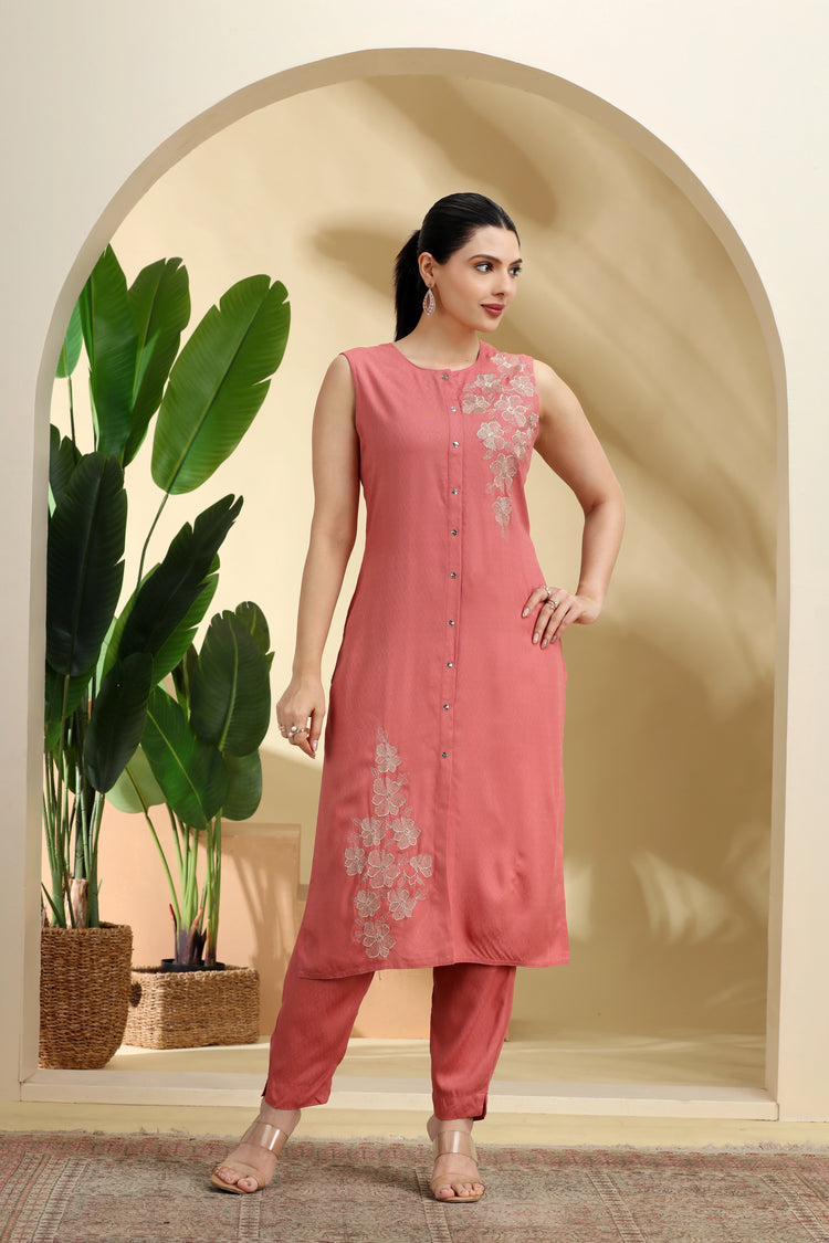 Peach Embroidered Straight Co ord Set