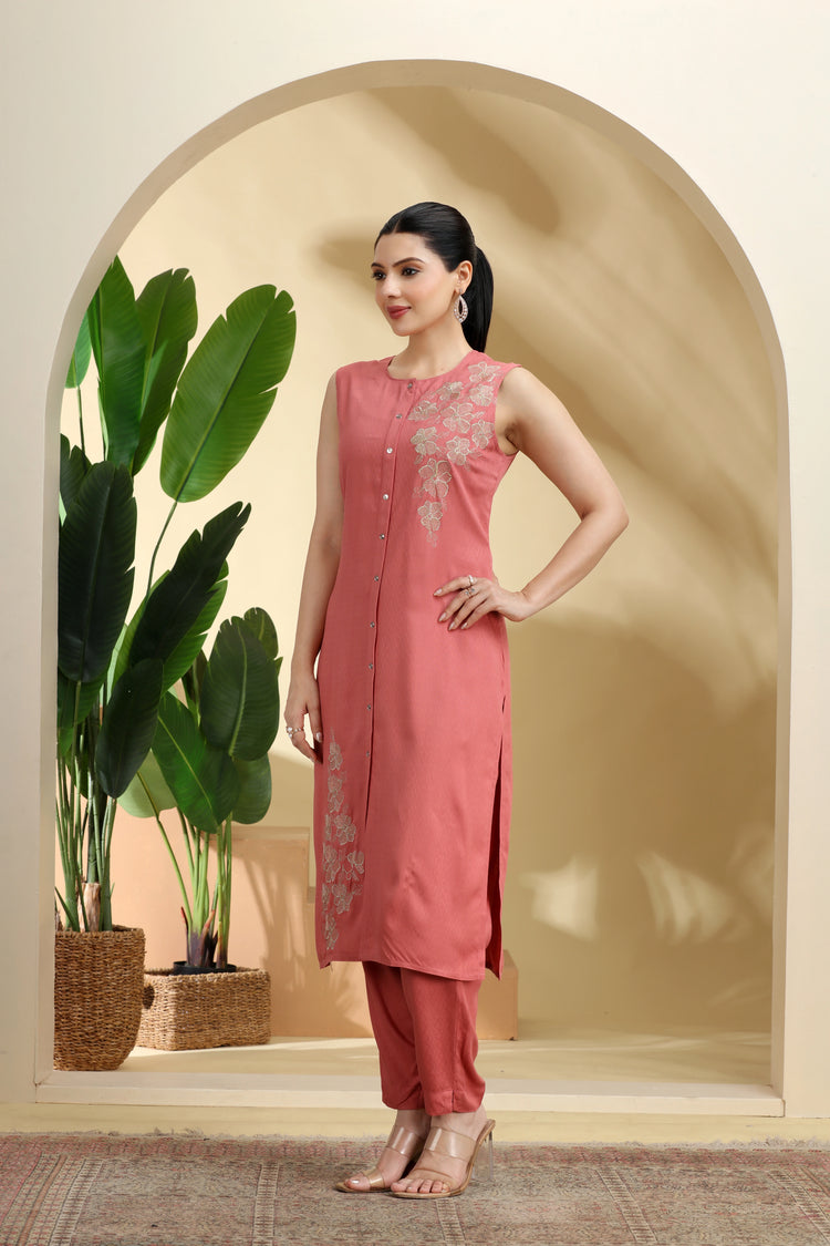 Peach Embroidered Straight Co ord Set