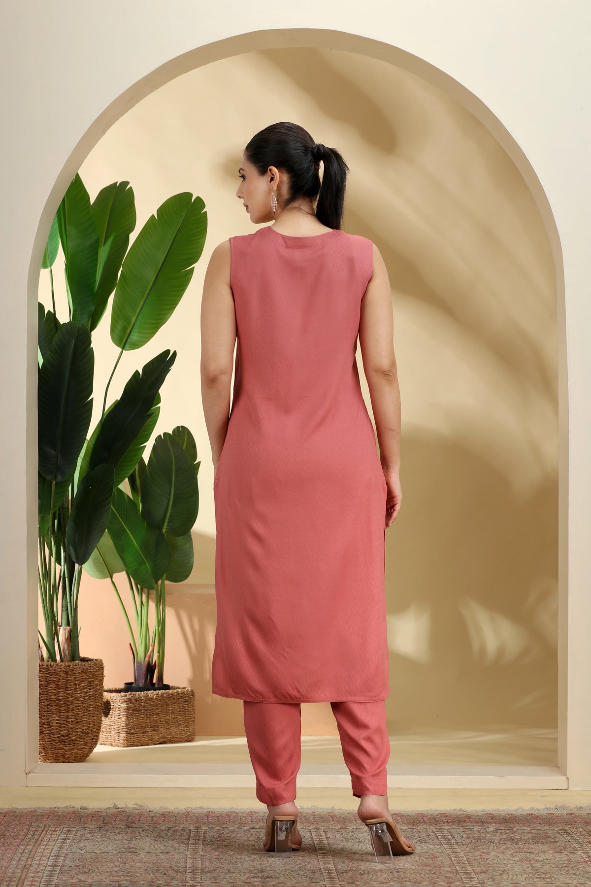 Peach Embroidered Straight Co ord Set
