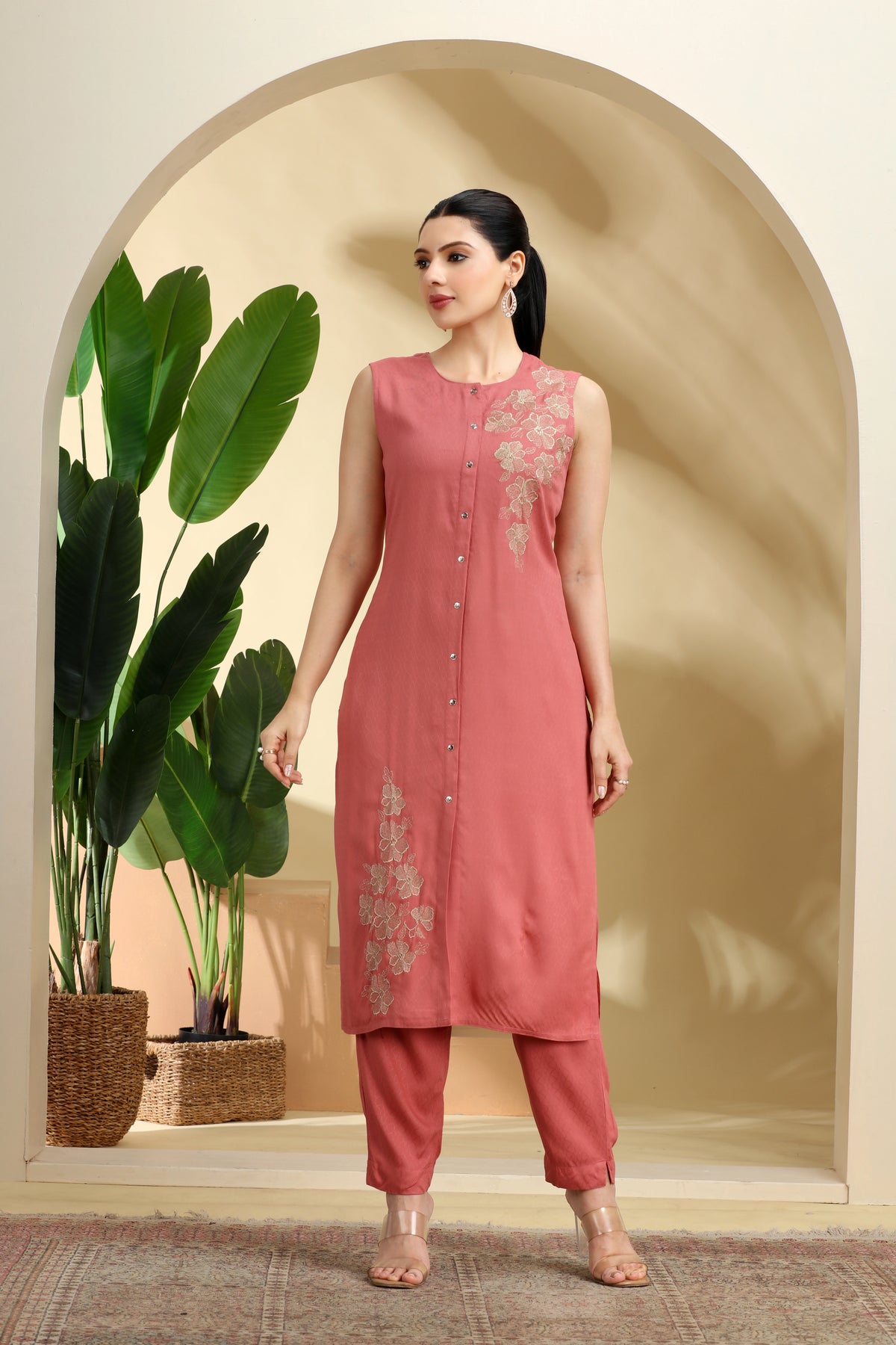 Peach Embroidered Straight Co ord Set