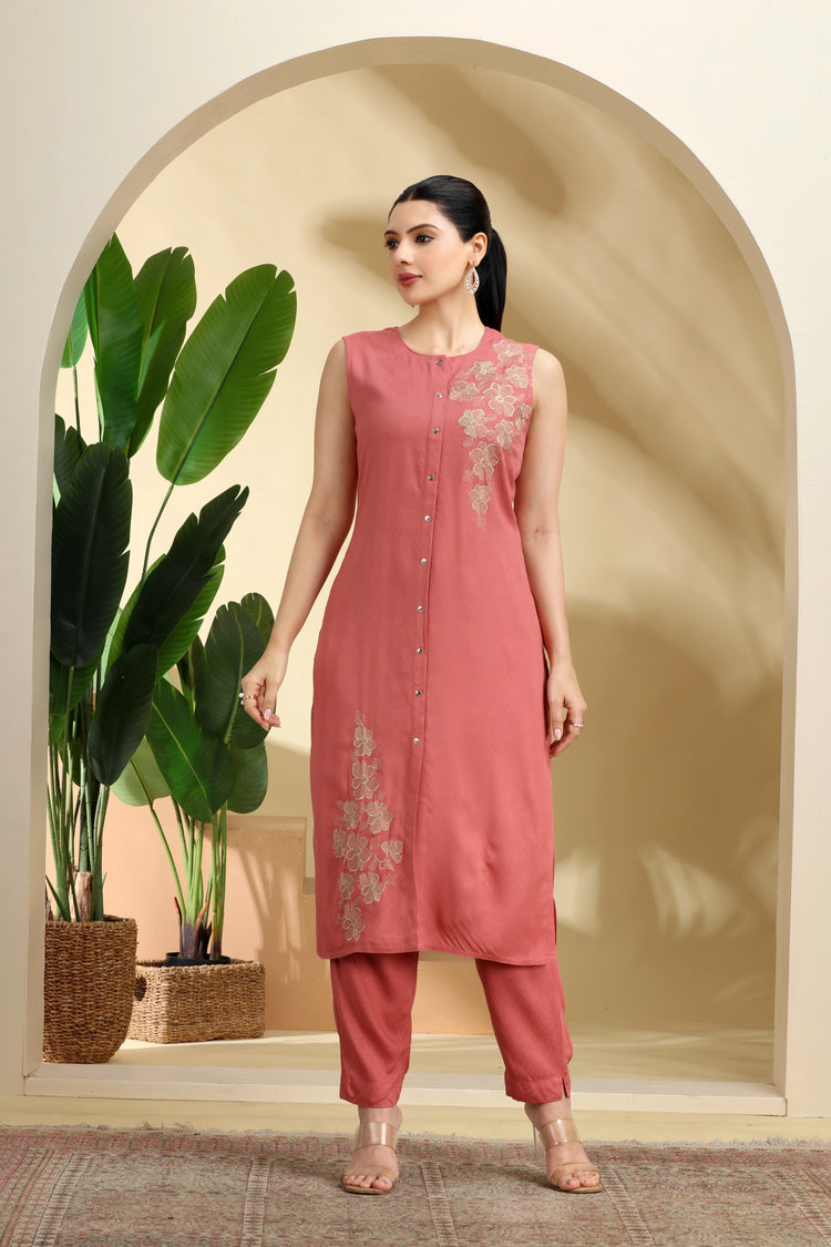 Peach Embroidered Straight Co ord Set