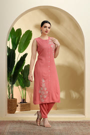 Peach Embroidered Straight Co ord Set