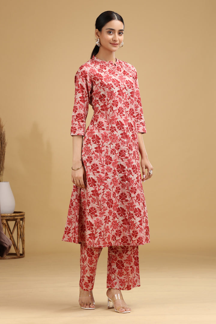 Peach Floral Printed Cotton Straight Co ord Set