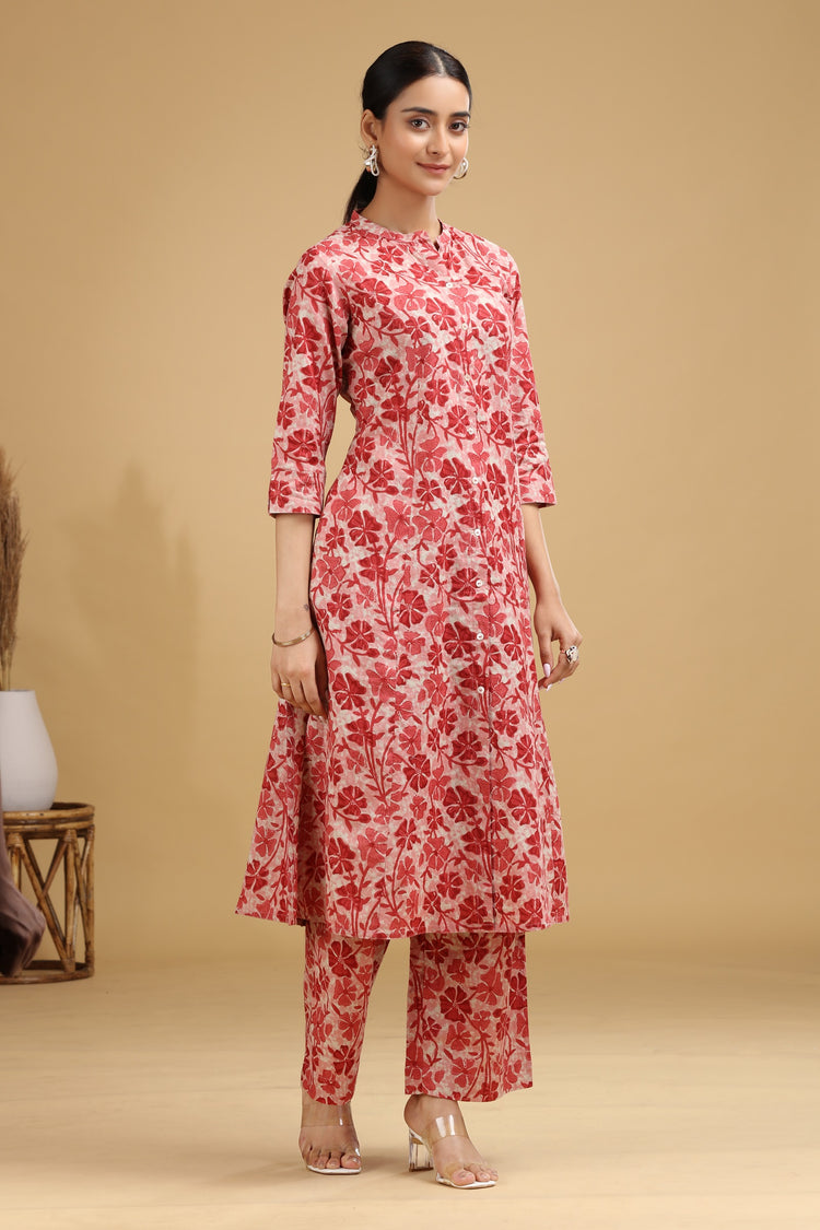 Peach Floral Printed Cotton Straight Co ord Set