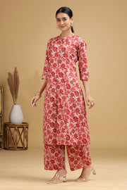 Peach Floral Printed Cotton Straight Co ord Set