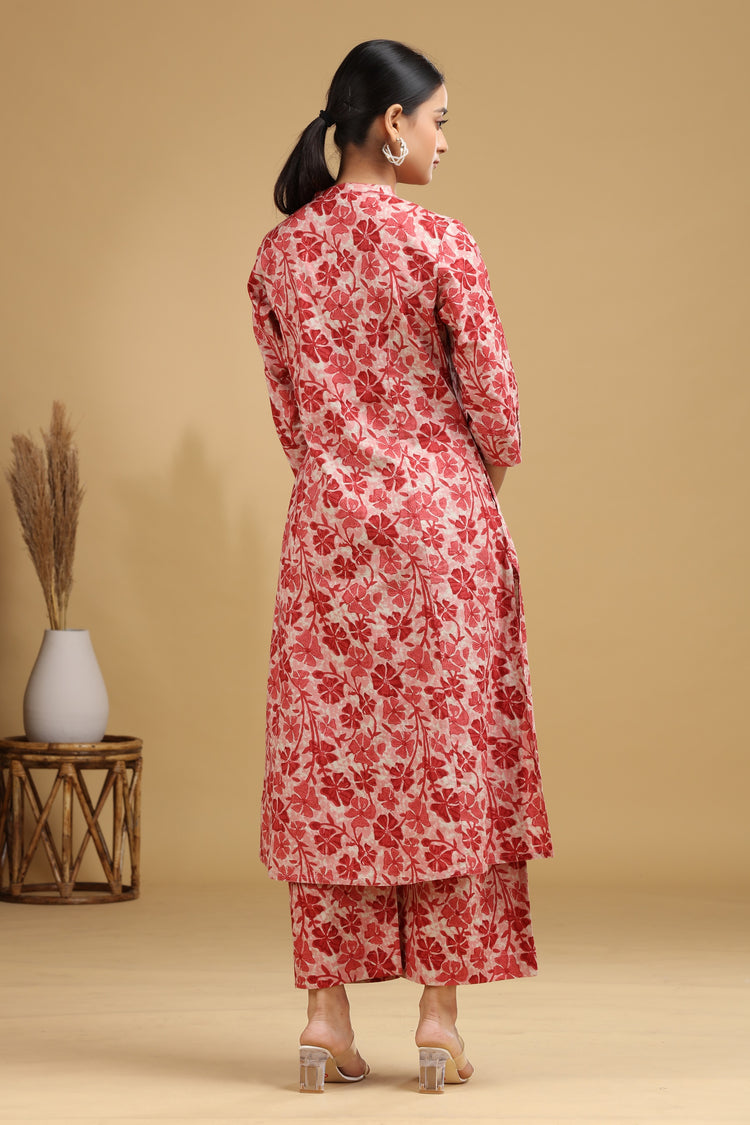 Peach Floral Printed Cotton Straight Co ord Set